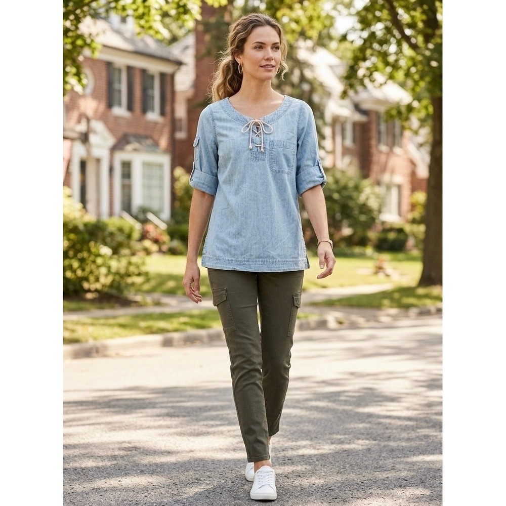 Lauren Ralph Lauren Chambray Lace Up Tunic Top Blue Cotton Roll Tab Sleeve Small